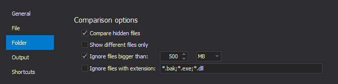 Comparison options for folder comparison under the Folder tab in the Options window