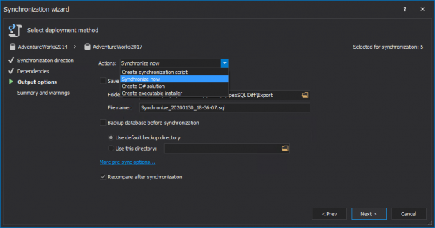 Output options step in the Synchronization wizard