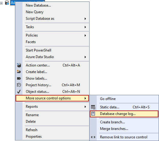 The Database change log option in the More source control options submenu from the Object Explorer pane right-click context menu