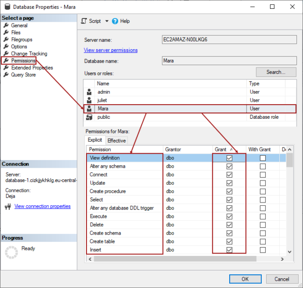 Granting necessary permissions in the Database Properties window for the newly created user for the shared model
