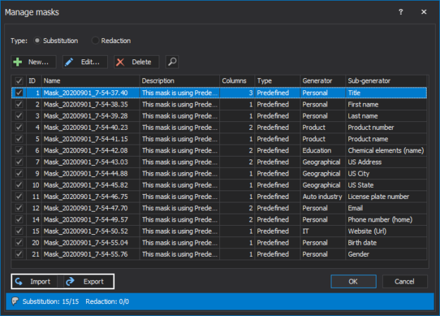 The Export and Import buttons in the Manage masks window