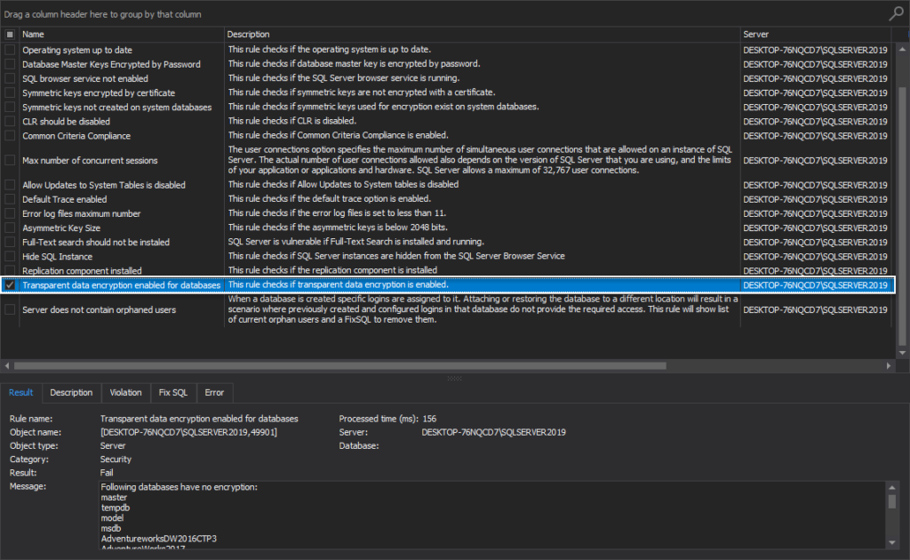 Executing a health check analysis of the SQL Server instance Security ...