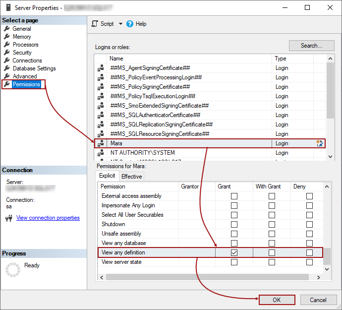 server query permissions reset