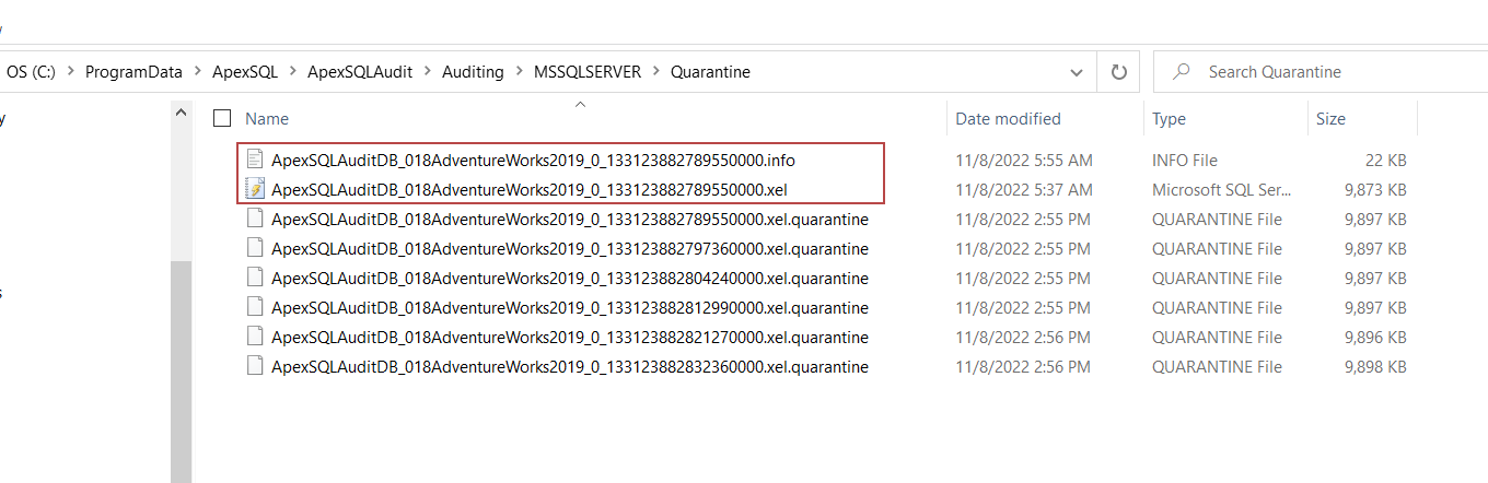 ApexSQL Audit extracted quarantine files