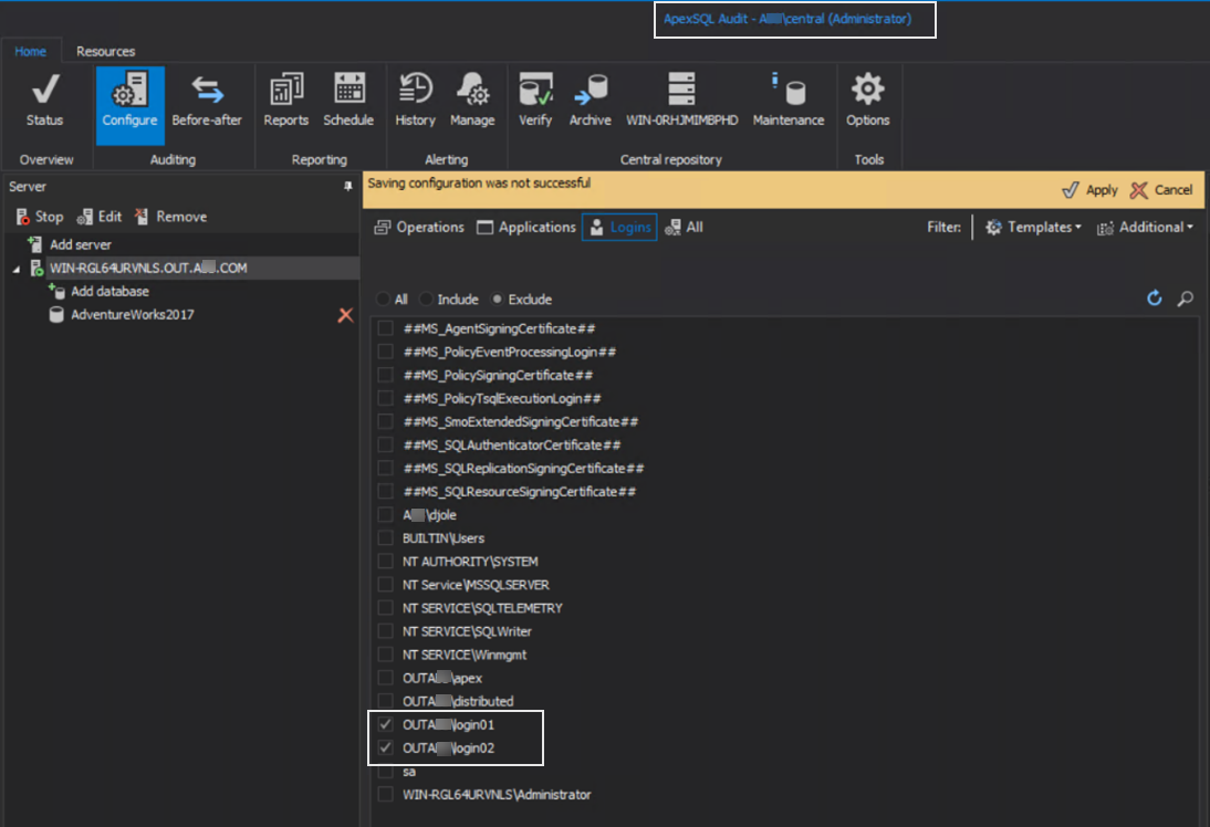 Apex SQL Audit login filters - one-way domain trust